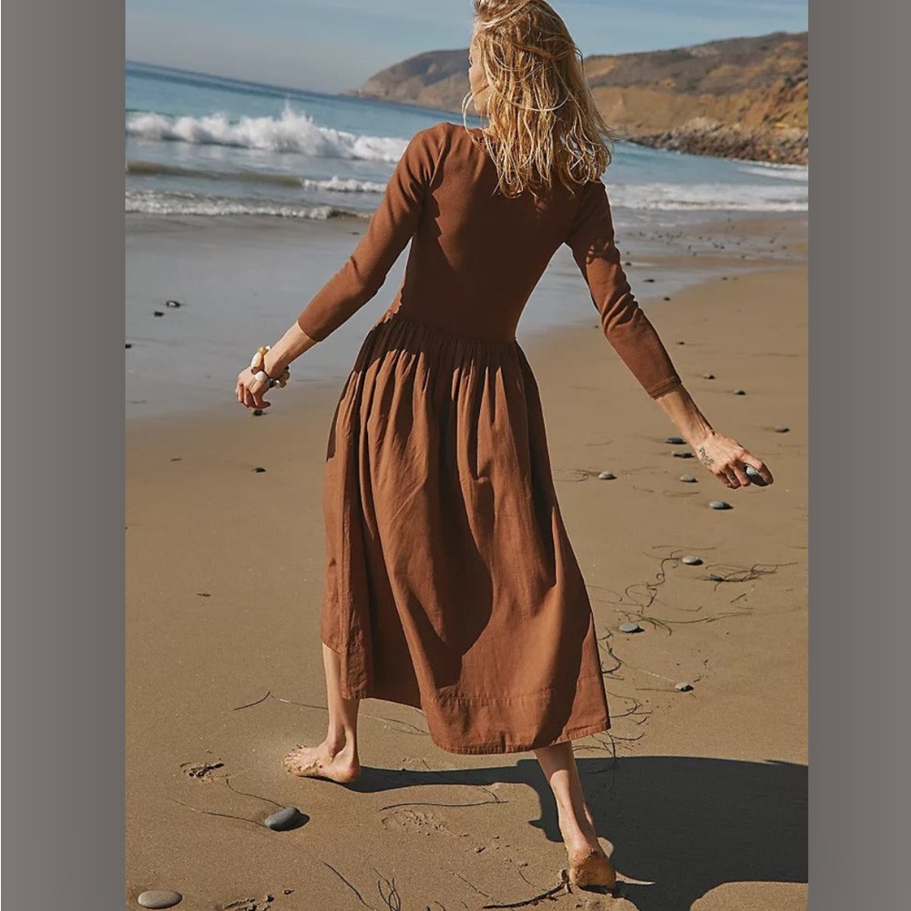 FP Aelia Midi Dress Coco Brown Fit Long Sleeve Scoop Neck Gathered A-Line Skirt